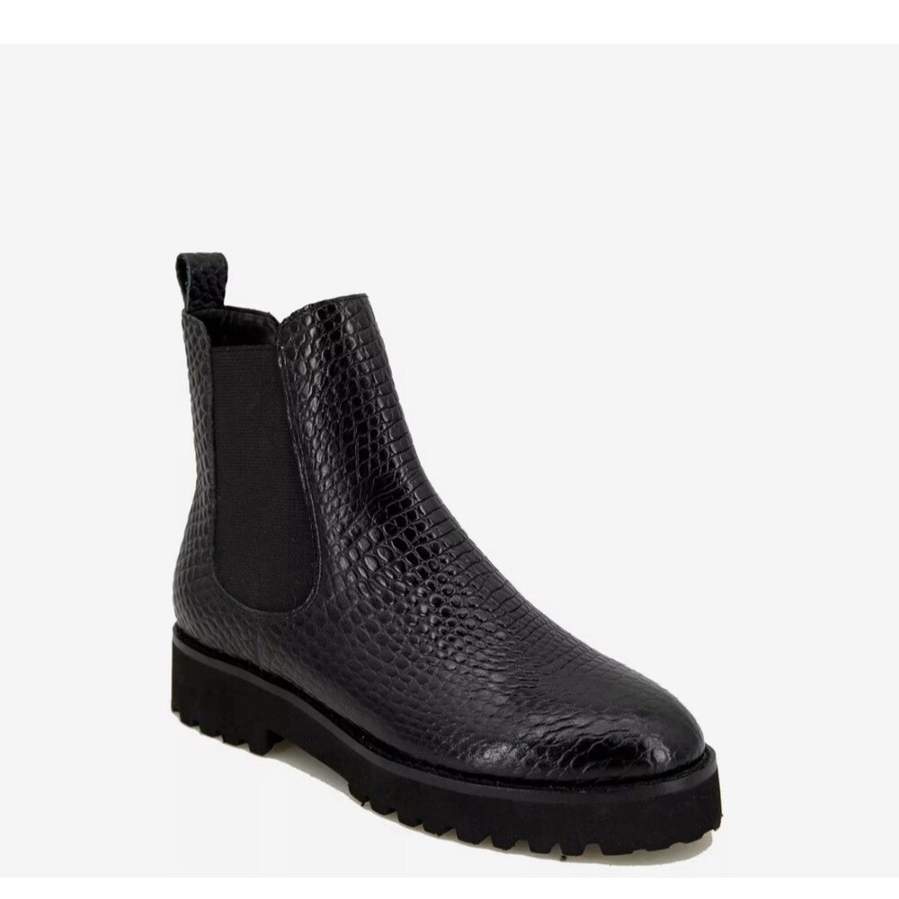 Andre Assous Peggy Embossed Black Croc Leather Ankle Boot Womens 8 Pull On